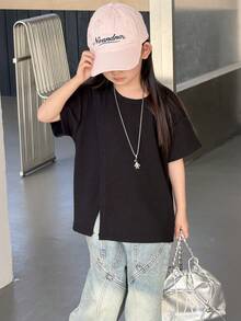 DAZY 女童休闲圆领开衩下摆短袖T恤，春夏款 - 黑色 - 查看 6