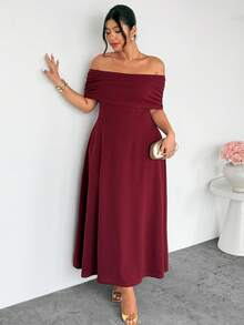 Firerie Plus Size Women's Elegant Minimalist Chic Romantic Fashion Sexy Vacation & Work Occasion Off Shoulder High Waist A-Line Maxi Dress, Spring/Summer Plus Size Dresses Burgundy Sexy Plus Size Dress Off Shoulder Dress Curve Off The Shoulder Plus Size Dress - Burgundy - View 6