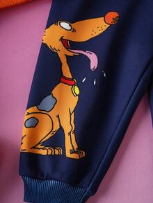 Nick 90s | SHEIN Baby Boy Cartoon Figure Graphic Colorblock Sweatshirt And Navy Blue Dog Dinosaur Print Sweatpants 2-Piece Set, Suitable For Autumn/Winter Fall - Navy Blue - View 9