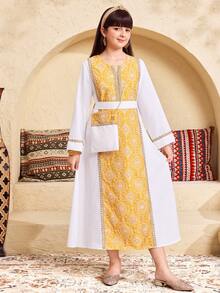 SHEIN Vestido de férias solto em linha A com bordados em blocos de cores para meninas pré-adolescentes - Multicolorido - Ver 7
