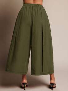 Vixey Elastic Waistband Panel Detail Culotte Office Pants - Olive Green - View 5