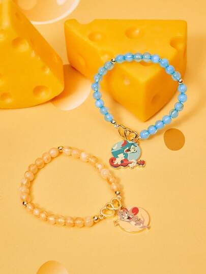 TOM & JERRY X SHEIN 1 pieza Pulsera con cuentas de aleación de zinc con elemento de animal de dibujos animados impreso, de nicho lujoso, exquisita y elegante, casual y de moda, adecuada para diversas fiestas, conciertos y festivales