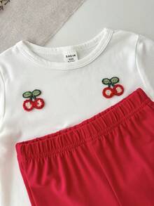 SHEIN 2件套女婴时尚可爱3D樱桃装饰短袖上衣和裤子套装，适合春夏、居家、户外、度假、日常穿着 - 彩色 - 查看 8
