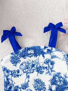 Emery Rose Kids Emery Rose Kids 女童春夏针织拼接蓝白瓷器复古图案吊带连体泳衣，带蝴蝶结 - 藍色 - 查看 5