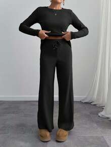 EURMUSE Women's Solid Color Minimalist Long Sleeve Top And Pants 2-Piece Set, Casual Everyday Wear - Black - View 6