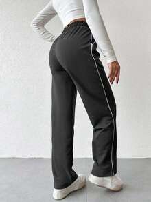 SHEIN Women's Drawstring Waist Pockets Straight Loose Casual Sweatpants - Dark Grey - View 2