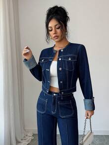 Elenzga 女士休闲水洗牛仔外套，秋季 - 深色水洗藍 - 查看 2