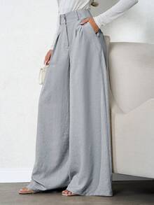SHEIN Tall 女款純色深褶皺亞麻長褲，適合高個女性 - 灰色 - 查看 4