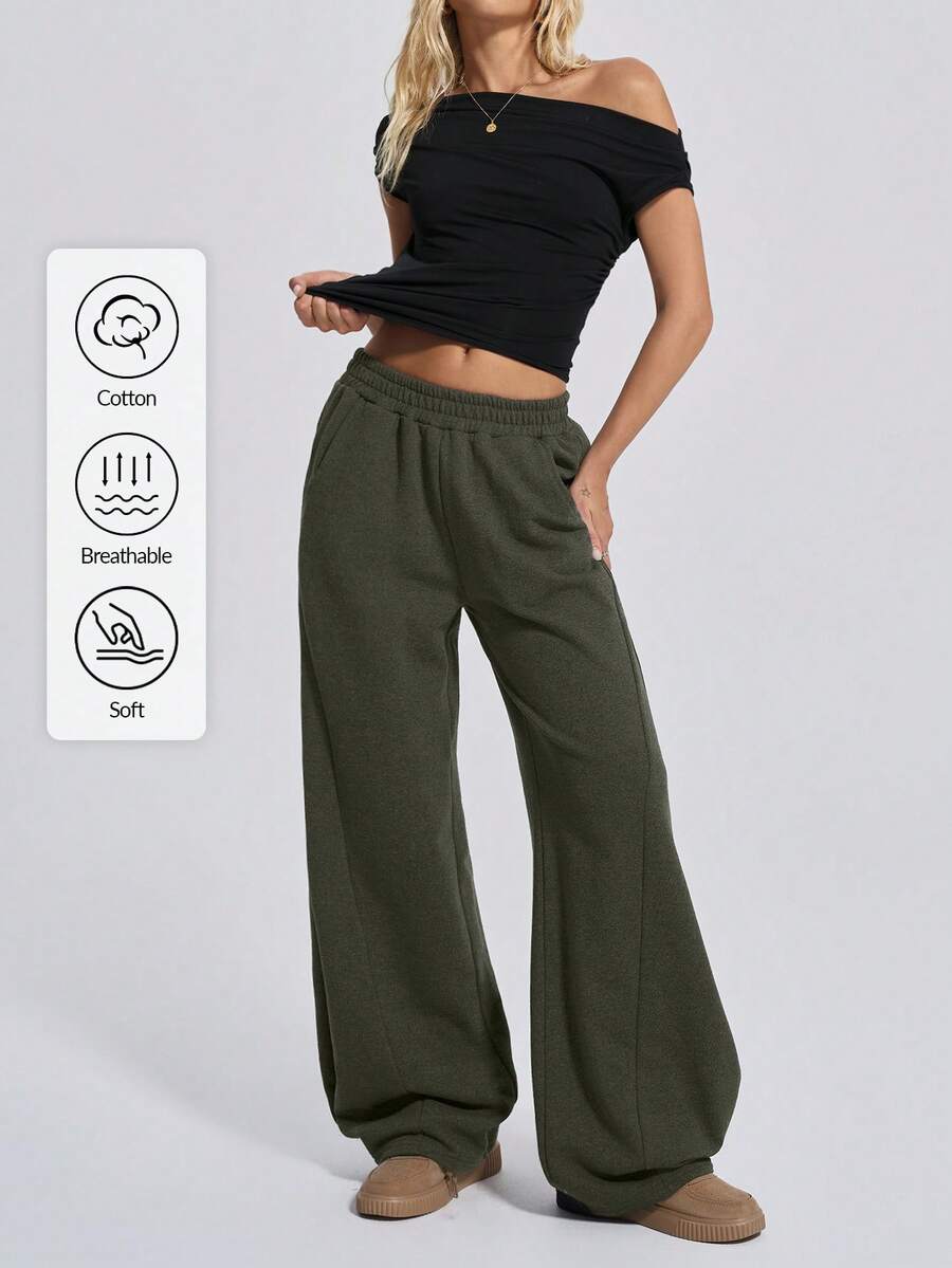 SHEIN Tall Wide Leg Elastic Waist Track Pants, Seam Design, Fall Clothes - Army Green - View 1