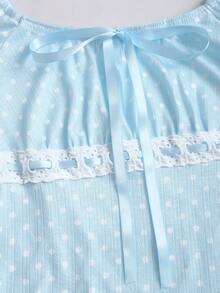 Sweetra 波点娃娃领针织印花波点蝴蝶结休闲修身罗纹边T恤，甜美可爱，春夏款 - 藍色 - 查看 5