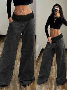 StreetHx 女士弹力腰带口袋阔腿宽松休闲百搭牛仔裤 - 黑色 - 查看 9