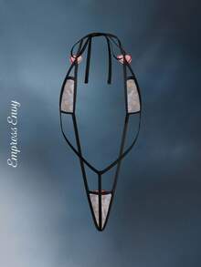 Fantasy Costume 2件套情人节粉色和红色缎面印花连体衣+手杖，女士内衣套装 - 紅色 - 查看 6