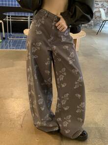 DAZY Jeans casuales de pierna ancha y suelta con estampado floral para mujer - Azul - Ver 5