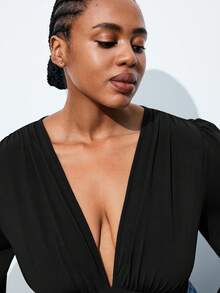 Maija Plus Size Women's Black Solid Color Elastic Ruffle Flare Sleeve Bodysuit - Black - View 7