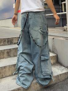 ROMWE MEN Spring/Summer Casual Graphic Men'S Washed Distressed Letter Embroidery Loose Fit Cargo Jeans - Baby Blue - View 2