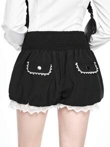 ROMWE Kawaii 可爱蕾丝拼接女式灯笼短裤 - 黑色 - 查看 7