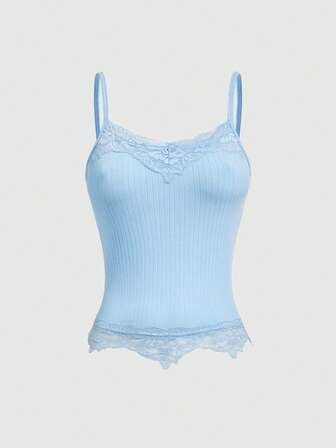 Damen einfarbiges minimalistisches Alltagstop mit Spitzeneinsätzen