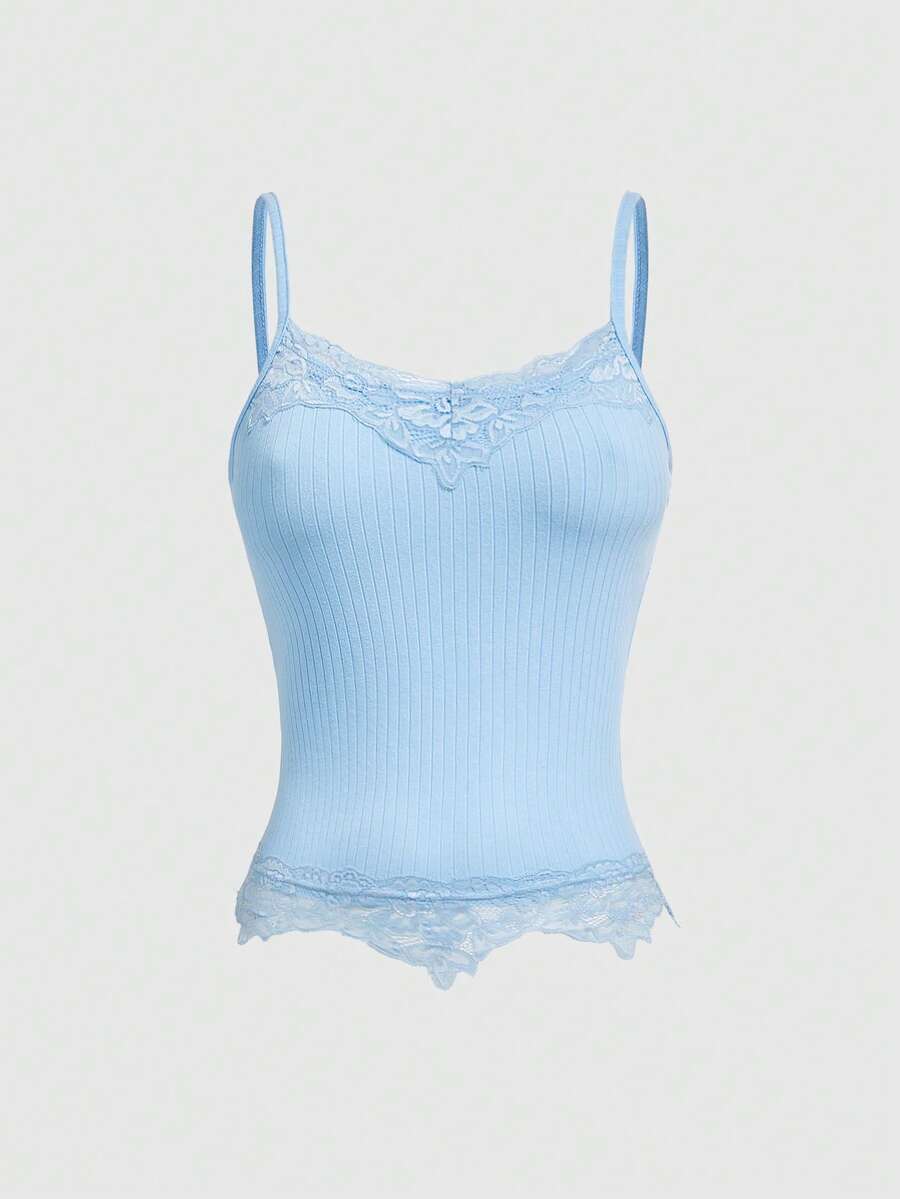 ROMWE Áo camisole nữ màu trơn tối giản phối ren, thích hợp mặc hàng ngày. - Màu xanh lam - Xem 1