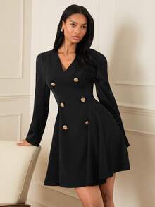 Lilora 优雅高端法式V领修身A字双排扣金属纽扣装饰长袖连衣裙，适合工作、约会和派对等场合。 - 黑色 - 查看 7