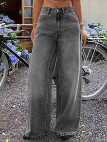DAZY Jeans de pierna recta y cintura baja para mujer, estilo casual de calle y ciudad - Gris Oscuro - Ver 6