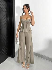Shopreo Fall Holiday Party Old Money Outfit Rave Festival Outing Swim Vacation Elegant Easter Bohemian BOHO Sea Beach Hot Outdoor Richly Layered Wedding Season Banquet Coming Of Age Ceremony Beach Seaside Beaded Strap Decorative Top And Wide-Leg Pants Elegant Loose Women's Suit Set Formal  Pant Suit Summer Sets Elegant Two Piece Set - Green - View 1