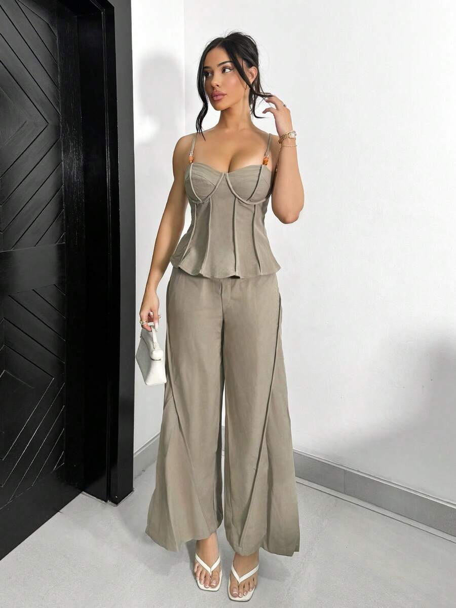 Shopreo Fall Holiday Party Old Money Outfit Rave Festival Outing Swim Vacation Elegant Easter Bohemian BOHO Sea Beach Hot Outdoor Richly Layered Wedding Season Banquet Coming Of Age Ceremony Beach Seaside Beaded Strap Decorative Top And Wide-Leg Pants Elegant Loose Women's Suit Set Formal Pant Suit Summer Sets Elegant Two Piece Set - Green - View 1