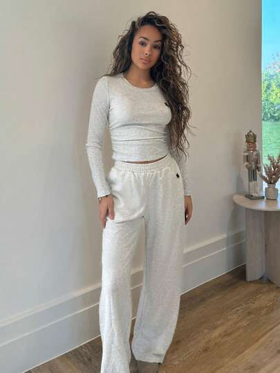 RebeccaVibe 女士休闲灰色针织长袖上衣和长裤两件套
