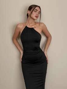 Firerie 女士优雅简约精致浪漫约会派对度假新年情人节金属装饰修身吊带长裙，黑色 - 黑色 - 查看 2