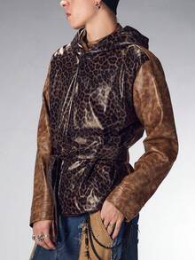 ROMWE MEN Grunge Punk Men's Leopard Print PU Leather Patchwork Hooded Belted Jacket - Brown - View 1