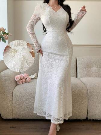 Feyla Damen elegantes Spitze Applikation V-Ausschnitt tailliertes Partykleid, Weiß