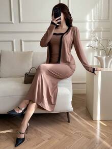 Feyla Women's Elegant Contrast Binding Open Front Top & Bodycon Camisole Dress 2 Pieces Set,Brown Modest Autumn Two Pieces Set For Brunch,Black And White - Khaki - View 5