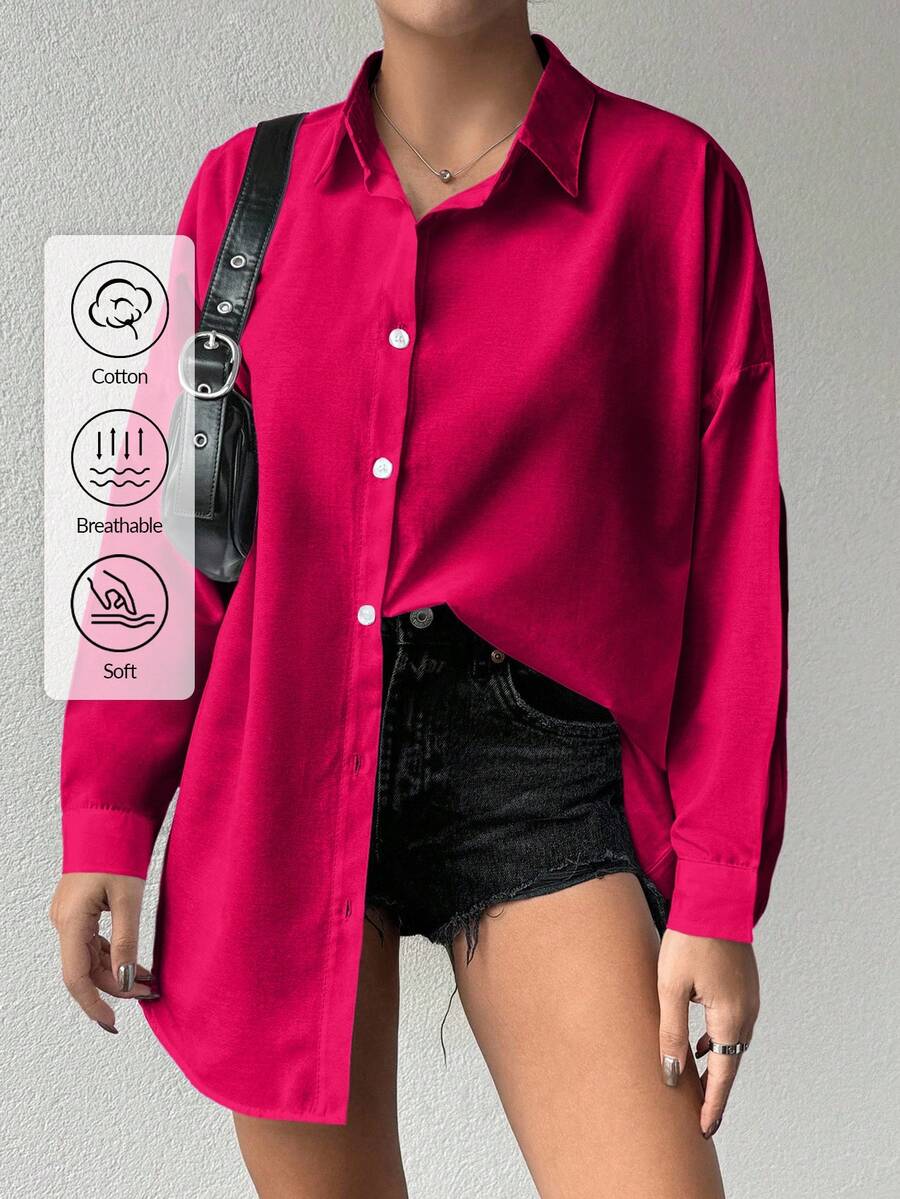 Cotton Women's Drop Shoulder Long Sleeve Solid Color Basic Shirt - Hot Pink - View 1