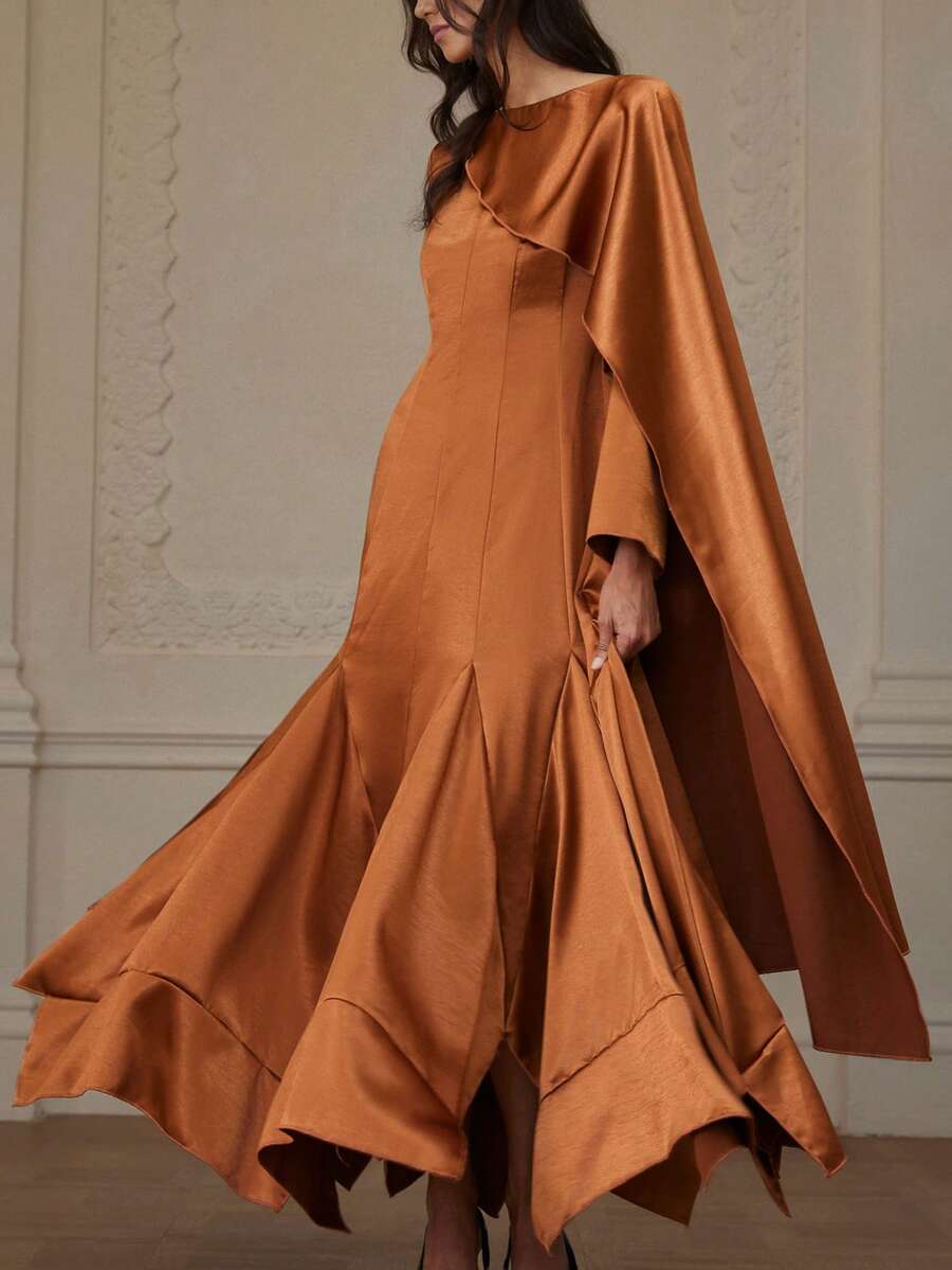 Aveloria Rosie 欧美优雅奢华高端女士缎面圆领喇叭袖荷叶边下摆开衩设计单肩长袖连衣裙 - 棕色 - 查看 1