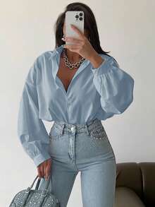 EURMUSE Cotton Solid Drop Shoulder Button Front Shirt - Blue - View 5