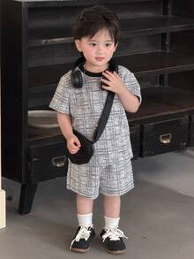 DAZY 2件套男婴韩版格子短袖休闲T恤短裤套装 夏季 - 杏色 - 查看 7