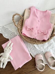 SHEIN 女婴蝴蝶结装饰背心和裤子套装 - 粉色 - 查看 7
