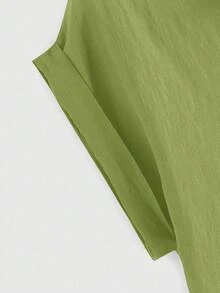 ROMWE Áo sơ mi nữ tay ngắn, màu trơn, cài cúc phía trước, kiểu dáng thường ngày, thích hợp cho mùa hè. - màu xanh lá - Xem 3