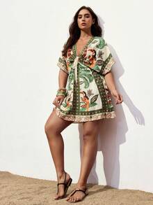 Maija 大码女式植物印花前系带蝙蝠袖休闲连衣裙 - 彩色 - 查看 7