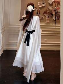 DAZY 女士休闲韩版蝴蝶结优雅派对生日仙女披肩两件套长裙吊带裙 - 白色 - 查看 2