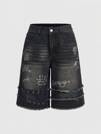 ROMWE Grunge Punk Y2K Retro Street Chic Unisex Loose Fit Distressed Hem Casual Denim Shorts