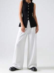 LYSMO Blusas casuales de punto de unicolor para mujer, apropiadas para el verano - Negro - Ver 4