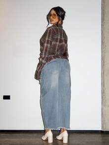 Shopreo 女式扭纹前低领格子上衣 - 淺藍色 - 查看 2