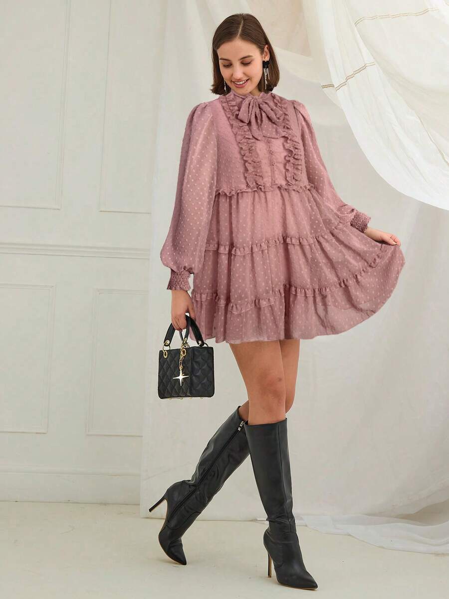 Enchnt Robe mini élégante à volants texturés de couleur unie pour femmes