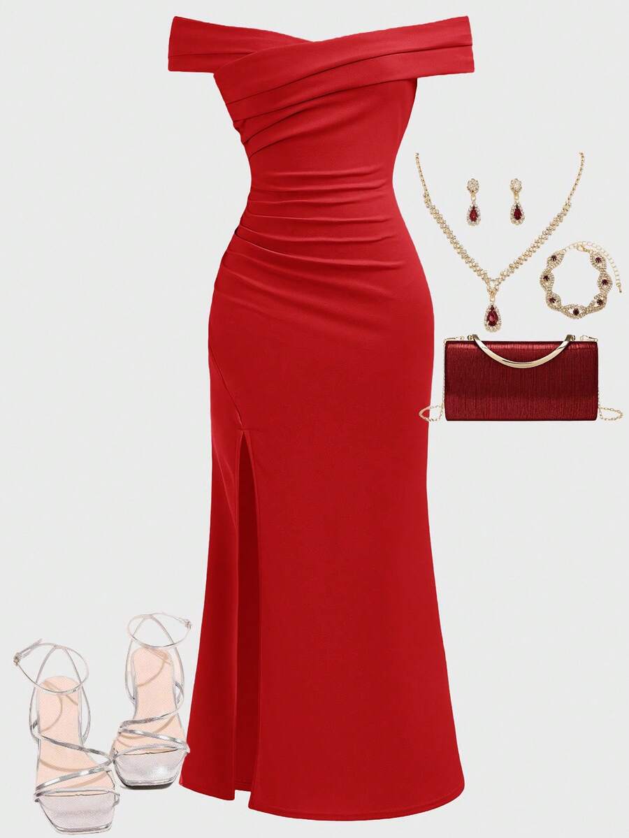 SHEIN Girlism 少女露肩褶皱优雅交叉开衩下摆派对连衣裙 - 紅色 - 查看 1