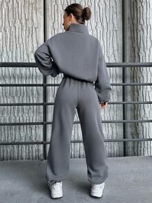 EURMUSE Cotton Letter Patched Drop Shoulder Half Zip Sweatshirt & Sweatpants - Dark Grey - View 2