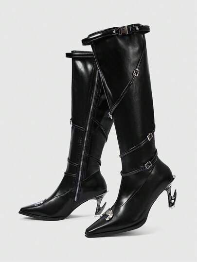 Grunge Punk Stivali alti da donna con punta affusolata, design con fibbia, versatili per uso quotidiano, tacco alto