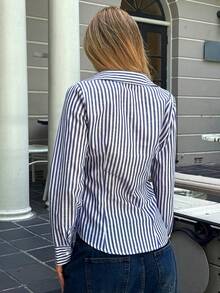 SHEIN EZwear Women's New Embroidery Decor Striped Slim Fit Long Sleeve Shirt - Blue and White - View 2