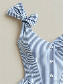 INAWLY Blue & White Striped Bow Strap Waist Ruffle Hem Cropped Camisole - Blue - View 4