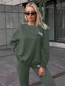 EURMUSE Cotton Women's Casual Letter Pattern Drop Shoulder Sweatshirt And Sweatpants Set - Army Green - View 3