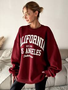 EURMUSE Cotton Letter Pattern Drop Shoulder Sweatshirt - Burgundy - View 4